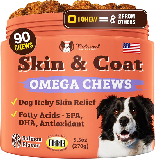 Natural Dog Company Skin & Coat Supplement for Dogs Omega-3 Rich Salmon Oil Chews for Itchy Skin