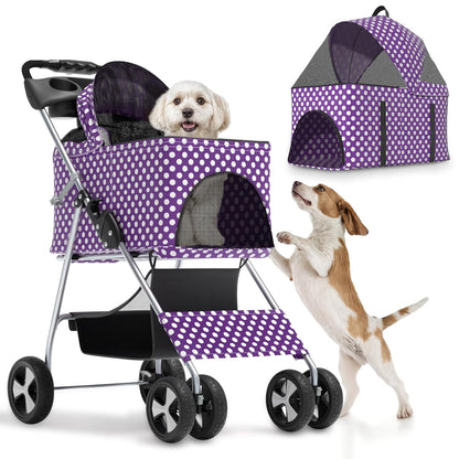 Magshion Foldable Pet Stroller, 3-in-1 Dog Travel Jogger with Detachable Carrier, Cup Holder, Storage Basket, Folding Carrier for Small/Medium Dogs & Cats Up to 33 lbs, Purple Polka Dots