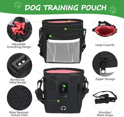 Dog Treat Pouch Pet Training Kit - Silicone Treat Bag Magnetic Closure, Puppy Training Clicker, Dog Whistle, Dog Water Bowls, Poop Bags & Holder, 4 Ways to Wear Walking Fanny Pack - Orange