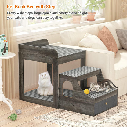 Cyclysio Super Large Multi-Level Pet Bunk Bed with Stairs, Mats, Drawers for Indoor Use, Grey