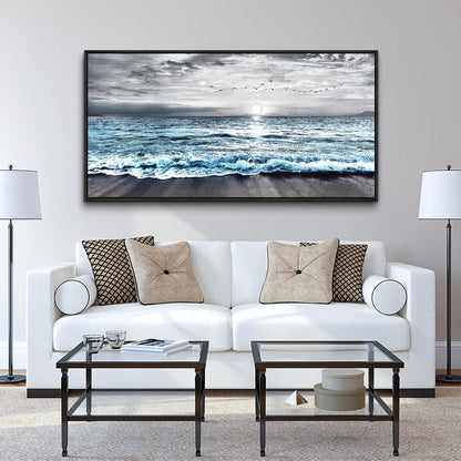 Wapluam Large Wall Art For Living Room Wall Decor For Bedroom Office Wall Decorations Black And White Wall Painting Blue Sea Wave Pictures Artwork For Modern Black Framed Beach Canvas Prints Poster