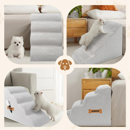 Romrol Dog Stairs Ramp for Beds Couches, Extra Wide Pet Steps with Durable Non-Slip Waterproof Fabric Cover, Dog Slope Stairs for Small Dogs and Cats or Pets Friendly, 4-TiersLight Grey