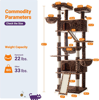 Allewie 81 Inches Tall Cat Tree/Multi-Level Large Climbing Tree House and Towers for Big Feline/Condo and Hammock/Scratching Post/Wide Base/Leopard Print