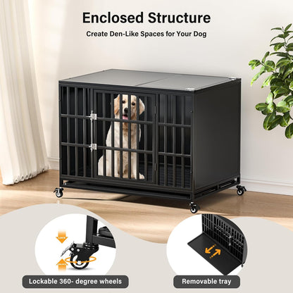 42 inch Heavy Duty Dog Crate with Self-Locking Latch, Indestructible Steel Large Kennel with Enclosed Design, Chew-Proof and Escape-Proof Pet Cage for High Anxiety Dogs