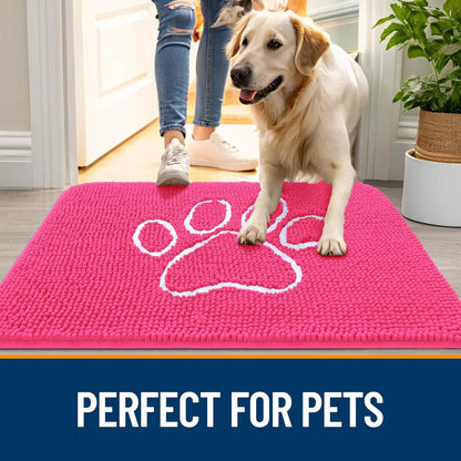OLANLY Door Mat for Muddy Dog Paws 30x20, Ultra Absorbent Chenille Mud Doormat with Paw Print Design, Non-Slip Washable Doormat for Indoor Entryway, Quick-Dry Pet Bed Mats for Dirty Dogs, Hot Pink