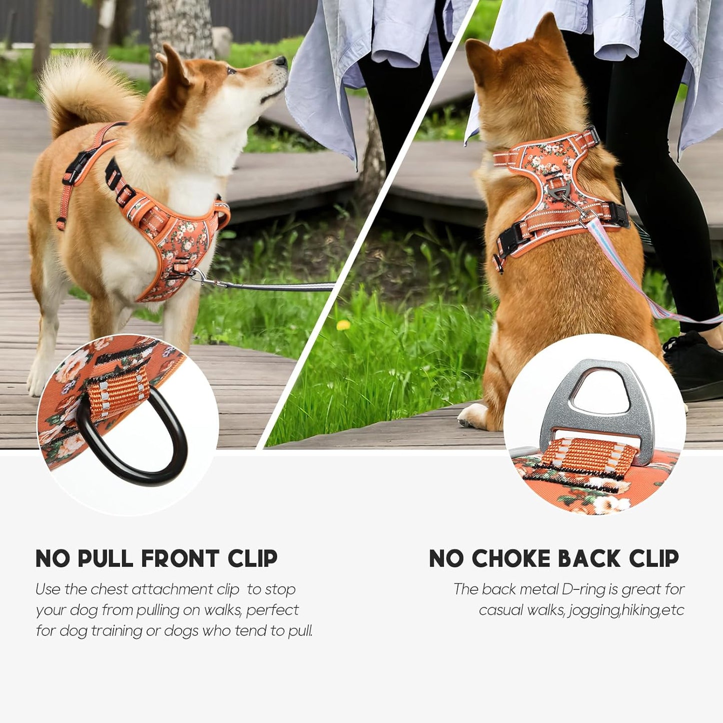 Timos Dog Harness for Large Dogs, No Pull Service Vest with Reflective Strips and Control Handle,No Choke Dog Harness with 2 Metal Rings for Easy Walking,Outdoor Training,Flower Orange, L