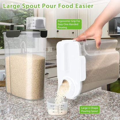 Rice Storage Container, 5 to 10lb Dry Food Airtight Dispenser, Pet Dog Cat Food Canister, BPA Free Clear Plastic Kitchen and Pantry Organization Bin for Oatmeal, Cereal, Pasta, Flour White