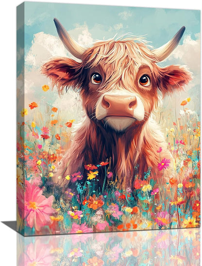 Highland Cow Wall Art Canvas Flower Cattle Wall Decor Prints Framed Painting Animal Pictures Gifts Artwork for Bathroom Living Dining Kitchen 12"x16"