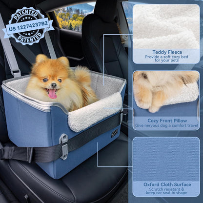 PETSFIT Small Dog Car Seat, Patent Safe Buckles Dog Booster Car Seat, Puppy Car Seat with Safety Belt, Suitable for Small Pets Up to 25lbs (Navy Blue)