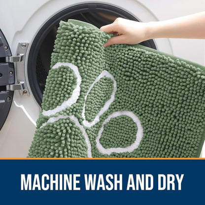 OLANLY Door Mat for Muddy Dog Paws 30x20, Absorbent Chenille Doormat with Paw Print Design, Non-Slip Washable Doormat for Indoor Entryway, Quick-Dry Pet Bed Mats for Dirty Dogs, Olive Green and White