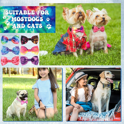 Reginary 50 Pieces Dog Bow Ties Pet Collar Bow Puppy Collar Attachment with Rubber Bands for Small Medium Cat Pet Grooming Charms Accessories Wedding Birthday Occasion(Tie Dye Style)