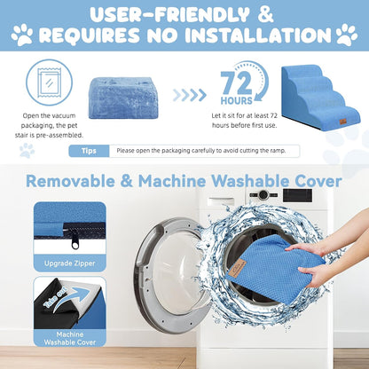 Dog Ramp and Stair for Bed 16" H-20 H,3-Step Cat Stair for Sofa and Chair,4-Step Dog Ramp for High Bed and Window,Durable Nonslip Fabric Cover for Indoor (Blue-20“H, Pet Friendly, 4)