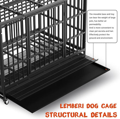 LEMBERI 48/38 inch Heavy Duty Indestructible Dog Crate, Escape Proof Dogs Cage Kennel with Lockable Wheels,High Anxiety Double Door Kennel,Extra Large Crate Indoor for Large Dog with Removable Tray