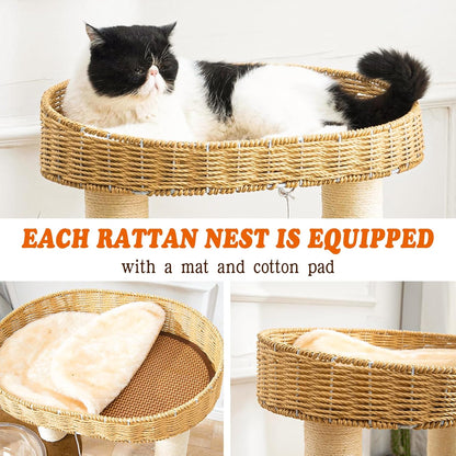 Modern Cat Tree for Indoor Cats, Wood Cat Tree with Natural Sisal-Covered Scratching Posts, Unique Cat Furniture Activity Center with Cat Scratching Ball Toy