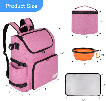 Modoker Dog Travel Bag Backpack, Airline Approved Pet Accessories Organizer for Dog and Cat with Shoulder Strap, 2 Dog Food Storage Containers, 2 Collapsible Dog Bowls,1 Pet Mat, Pink