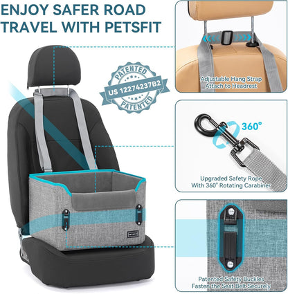 PETSFIT Dog Car Seats for Small Dogs, Patent Safety Buckles Dog Booster Car Seat, Dog Carseat with Safety Belt, Suitable for Small Pets Up to 25lbs (Grey)
