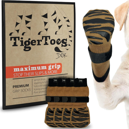 DOK TigerToes Premium Non-Slip Dog Socks for Hardwood Floors - Extra-Thick Grip That Works Even When Twisted - Prevents Licking, Slipping, and Great for Dog Paw Protection (Cool Caramel, X-Small)