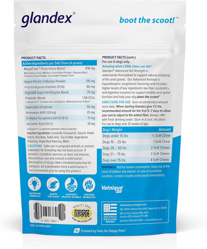 Vetnique Glandex Anal Gland Soft Chew Treats with Pumpkin for Dogs Digestive Enzymes, Probiotics Fiber Supplement for Dogs Boot The Scoot (Advanced Strength Duck/Bacon Chews (Veg), 30 Count)