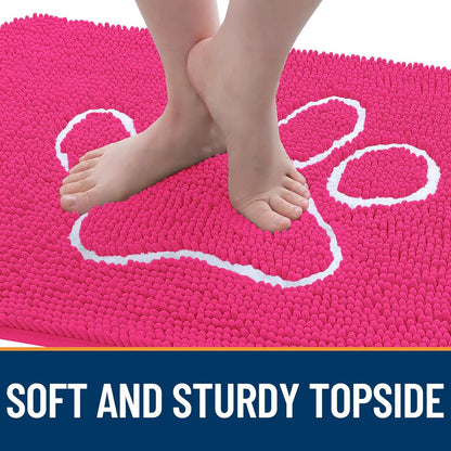 OLANLY Door Mat for Muddy Dog Paws 36x24, Ultra Absorbent Chenille Mud Doormat with Paw Print Design, Non-Slip Washable Doormat for Indoor Entryway, Quick-Dry Pet Bed Mats for Dirty Dogs, Hot Pink