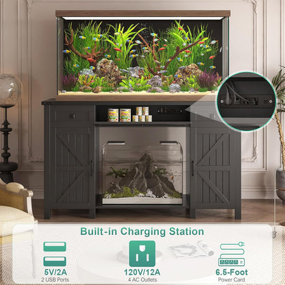 55-75 Gallon Aquarium Stand With Charging Station, Farmhouse Fish Tank Stand, Reptile Tank Stand Terrarium Stand with Drawer and Cabinet Storage, Sturdy Heavy Duty 53.5"×19.7" Tabletop - Black