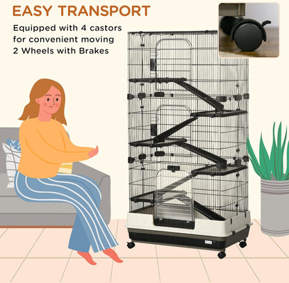 PawHut 59.5" Small Animal Cage with Wheels, 6-Level Portable Bunny Cage, Chinchilla Ferret Cage with Removable Tray, Platform and Ramp
