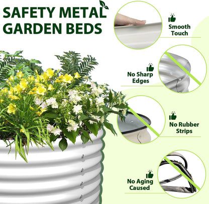 A ANLEOLIFE 2-Pack 4ft x 18” Tall Galvanized Raised Garden Beds Outdoor, Round Metal Planter Box for Planting Vegetables Flowers Herb, Anti-Rust & Easy-Setup, Antique White