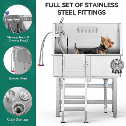 YITAHOME Dog Grooming Bathtub 38in, Professional 304 Stainless Steel Dog Bathing Station Tub w/Left Stairs, Faucet, Floor Grate, Pet Washing Station for Small, Medium, Indoor, Outdoor