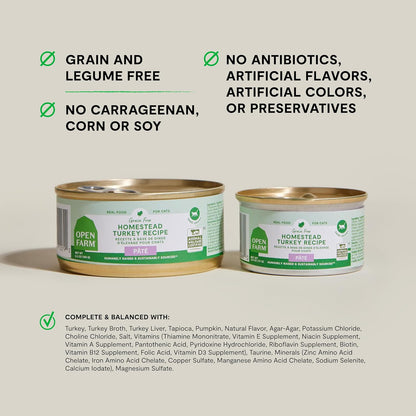 Open Farm Canned Cat Food, Paté for Complete & Balanced Nutrition, Grain-Free and Legume-Free Wet Cat Food, Homestead Turkey Recipe, 5.3oz Cans (Case of 12)