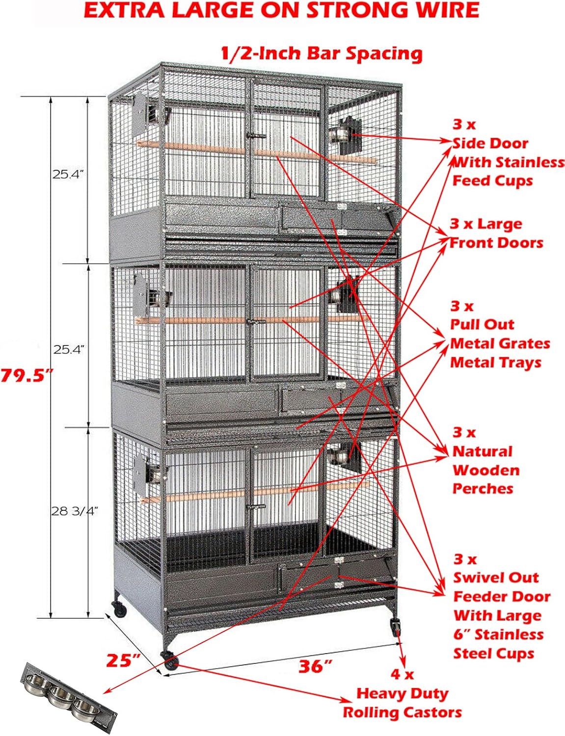 Extra Large Stackers Heavy Duty Wrought Iron Breeder Parrot Aviary Bird Breeding Rolling Cage with Side Nest Doors (Black Vein, Triple Stacker)