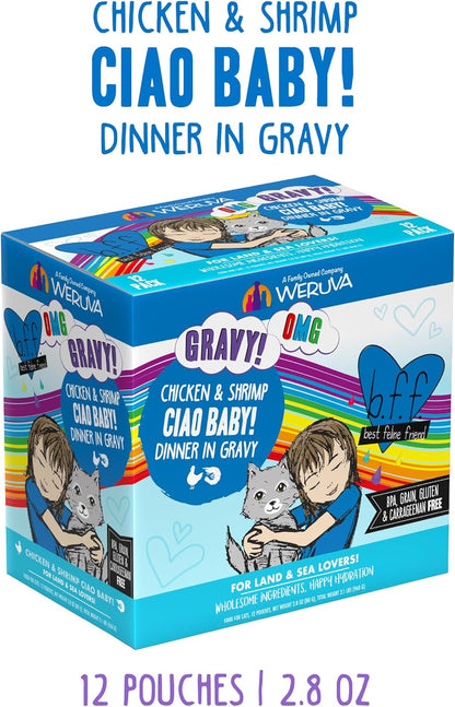 Weruva B.F.F. OMG - Best Feline Friend Oh My Gravy!, Ciao Baby! with Chicken & Shrimp in Gravy Cat Food, 2.8oz Pouch (Pack of 12)