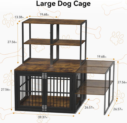 Dociote Heavy Duty Dog Crate Furniture with Storage Shelves，Large Dog Kennel Indoor End Table 39 Inch,Brown