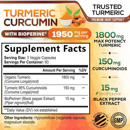 Turmeric Curcumin Supplement 1950mg - 95% Curcuminoids with Organic Turmeric & BioPerine Black Pepper Extract for Best Absorption, Nature's Vegan Joint Support, Non-GMO, Bottled in USA - 180 Capsules