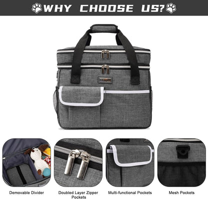 BAGLHER Dog Travel Bag for Supplies - Double-Layer Airline Approved Weekend Pet Travel Organizer Set for Dog and Cat Tote with 2 Pet Food Containers and 2 Collapsible Silicone Bowls Grey