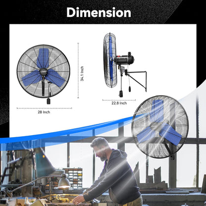 Pro 9500 CFM 24" Outdoor IP44 Waterproof Wall Mount Fan, 3-Speed Oscillating Metal Fans with Enclosure Motor, Heavy Duty Wall Fan for Patio, Warehouse, Garage, and Jobsite