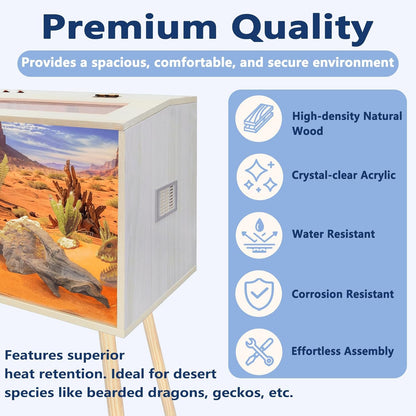 Prolee Reptile Terrarium, Lizard Tank Up to 68 Gallons, Bearded Dragon Tank with Roof Door, Snake Tank with Built-in Lamp Fixture and Switch, with Leg Stand (Oak, 68 Gallons, 48" Length)