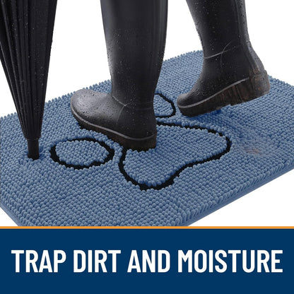 OLANLY Door Mat for Muddy Dog Paws 36x24, Absorbent Chenille Doormat with Paw Print Design, Non-Slip Washable Doormat for Indoor Entryway, Quick-Dry Pet Bed Mats for Dirty Dogs, Airy Blue and Black