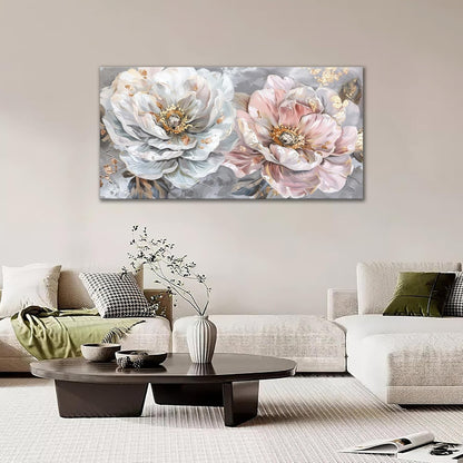 Extra Large Flower Wall Art Pink and White Floral Canvas Living Room Golden Pictures Framed Prints Oversize Wall Decor Big Painting Artwork for Bedroom Dining Office Home 60"x30"