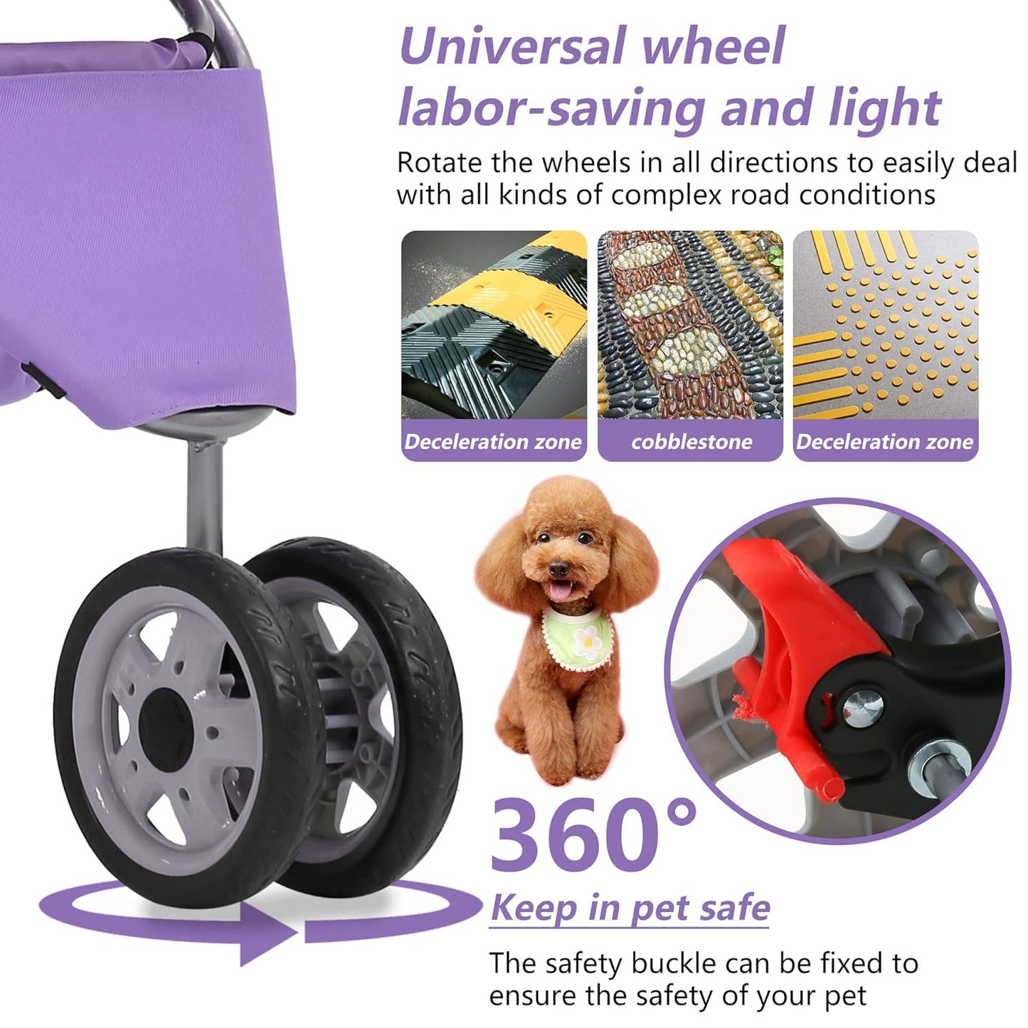 Dog Stroller,3 Wheels Travel Folding Pet Strollers for Small Medium Dog Cat Jogger Stroller with Storage Basket Removable Liner Purple