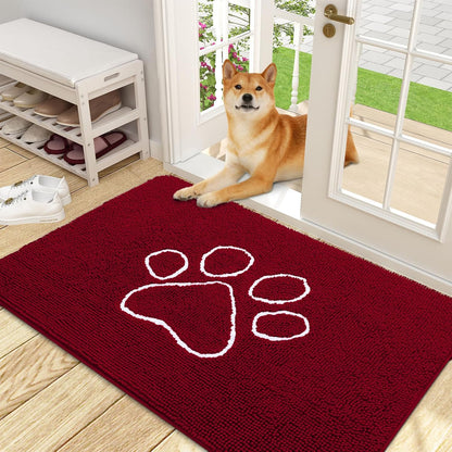 OLANLY Door Mat for Muddy Dog Paws 48x30, Ultra Absorbent Chenille Mud Doormat with Paw Print Design, Non-Slip Washable Doormat for Indoor Entryway, Quick-Dry Pet Bed Mats for Dirty Dogs, Red