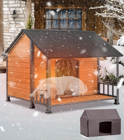 Extra Large Dog House Outdoor for Large Dogs, Insulated Dog House with Metal Frame, Waterproof Dog Shelter with Asphalt Roof, PVC Curtain & Multifunctional Patio, Indoor Outdoor Use