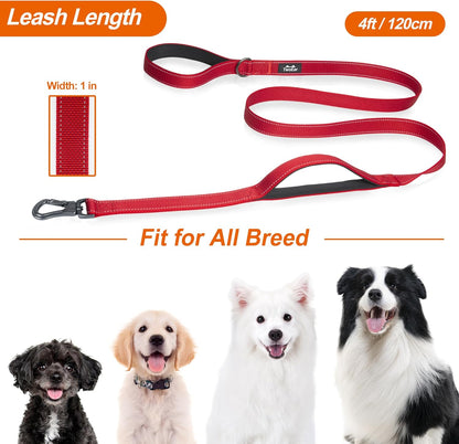 TwoEar 4FT 1IN Strong Red Dog Leash with 2 Padded Handles, Traffic Handle Extra Control, Comfortable Soft Dual Handle, Auto Lock Hook, Reflective Walking Lead for Small Medium and Large Dogs