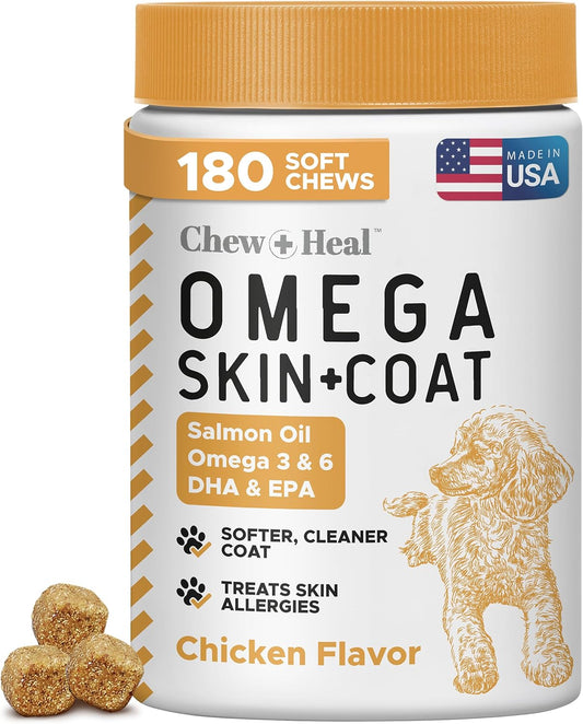 Salmon Oil for Dogs - 180 Soft Chew Omega Treats for Skin and Coat - Fish Oil Blend of Essential