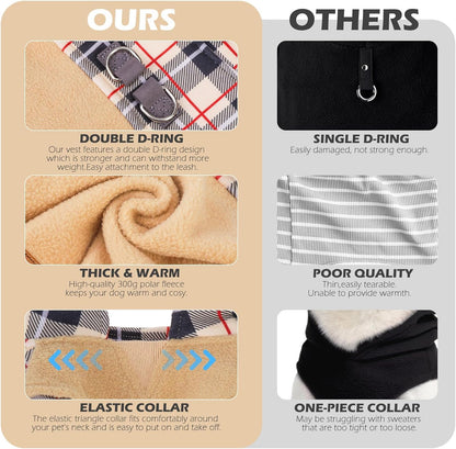 EXPAWLORER Fleece Dog Sweater - Classic Plaid Dog Jacket, Winter Coat Vest with 2 D-Rings for Leash, Pet Cold Weather Clothes, Sweatershirt for Boys or Girls