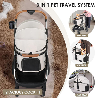 T6 Luxury Pet Stroller for Medium Dogs Up to 66lbs or 2 Small Pets – 3-in-1 Dog & Cat Stroller with Removable Carrier, Foldable & Lightweight (Beige)