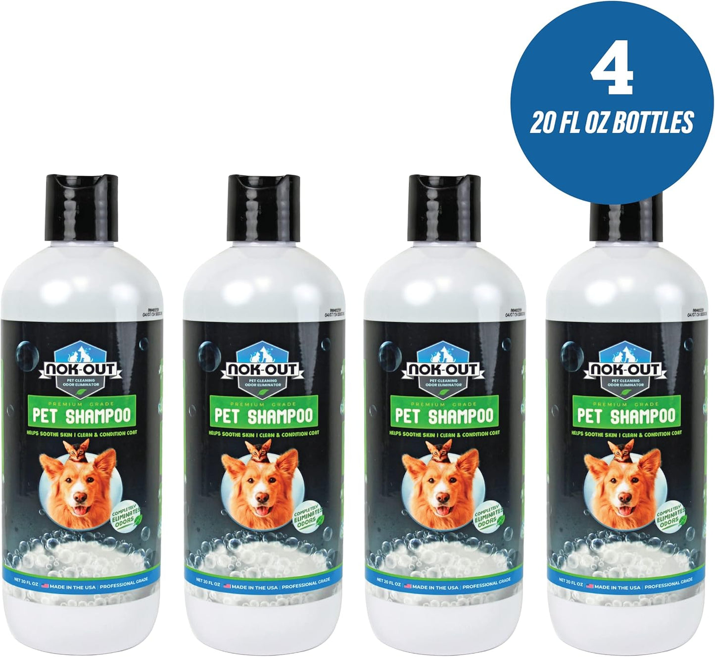 NOK OUT Premium Grade Pet Shampoo for Dogs and Cats, Veterinary Strength and Odor Eliminator Formula, Made in the USA, 20 Ounce Bottle, 4-Pack