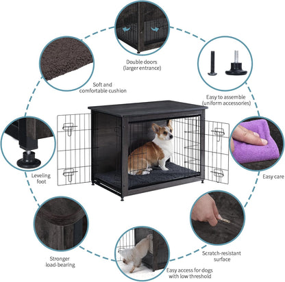 DWANTON Dog Crate Furniture with Cushion, Wooden Kennel Table with Double Doors, Indoor Dog House, Medium Size, 32.5" L, Dark Gray