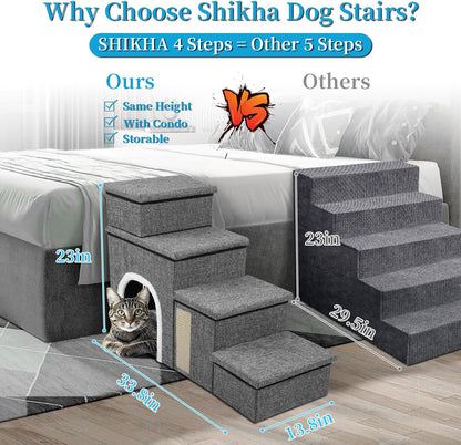 Dog Stairs for Bed and Couch 23“H, Foldable Dog Stairs for Small Older Dogs, 4 in 1 Adjustable Pet Cat Steps Ramps with Storage, Condo, Cat Scratcher, Hold Up to 180LBS, 4 Steps