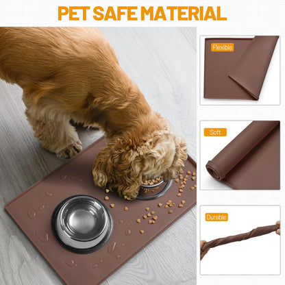 Hubulk Dog Feeding Mat,100% Waterproof Food Grade Silicone Pet Food and Water Bowl Placemat,Dishwasher, High Raised Edge to Prevent Spills,Nonslip Tray to Stop Messes on Floor（28"x18"x0.8", Brown）