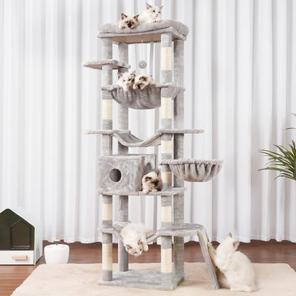Hey-brother Cat Tree, 69.3-Inches Multi-Level Plush Cat Tower for Indoor Cats with Large Top Perch, Extra Spacious Hammock, 2 Hammocks Ramp, Hanging Ball, Light Gray MPJ037W