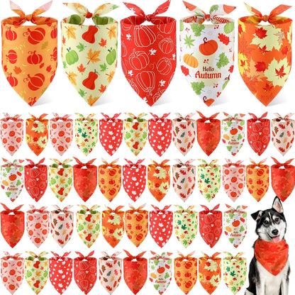 Weewooday 50 Pcs Fall Dog Bandanas Bulk Pumpkin Maple Leaves Thanksgiving Autumn Bandanas for Bibs Adjustable Scarf for Small Medium Large Pets Cats Costume(Leaves Pattern, 31.5 x 21.7 X21.7 Inch)